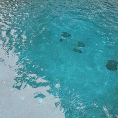 A circular swimming pool with clear turquoise water surrounded by red brick coping