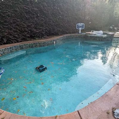 A backyard pool with clear blue water surrounded by concrete decking