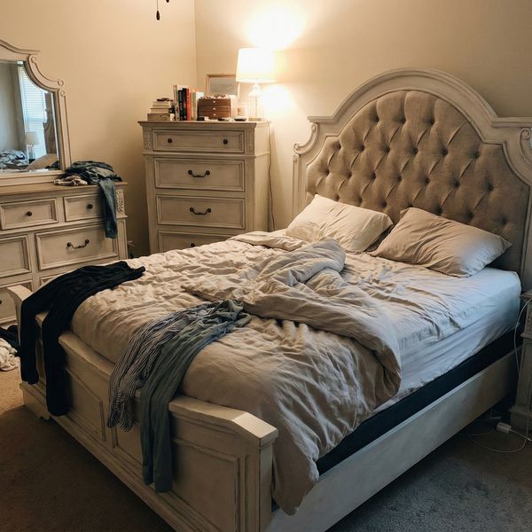 brown bed frame with white dresser Ashley Furniture Kendanport White/Brown Queen Upholstered Bed, Dresser, Mirror and Nightstand