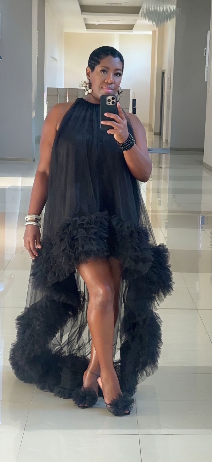 Black Tulle Ruffle Hi-Lo Halter Dress