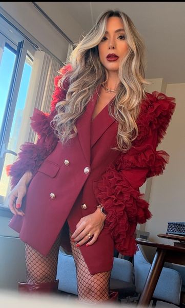 red gold button detail blazer dress LIVING OVER THE TOP RUFFLE SLEEVE MINI IN BURGUNDY – AKIRA menu: new in
