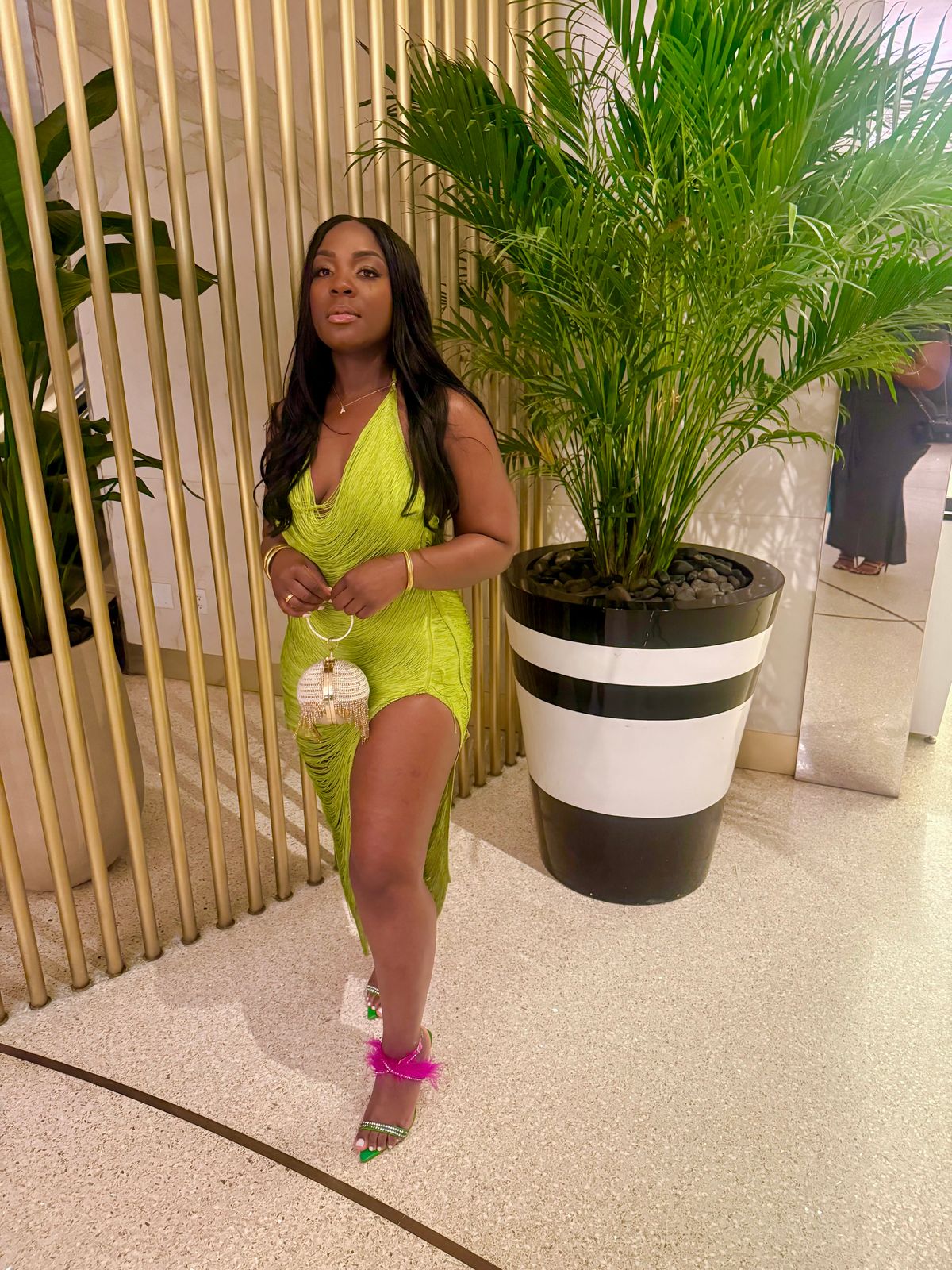akira green dress Fringe Halter Midi with High Slit Sofia fringe