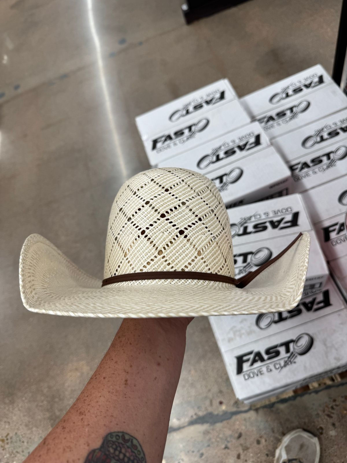 American Hats Co 5050 Sand Patchwork 1/4in Brim Open Crown Straw Cow