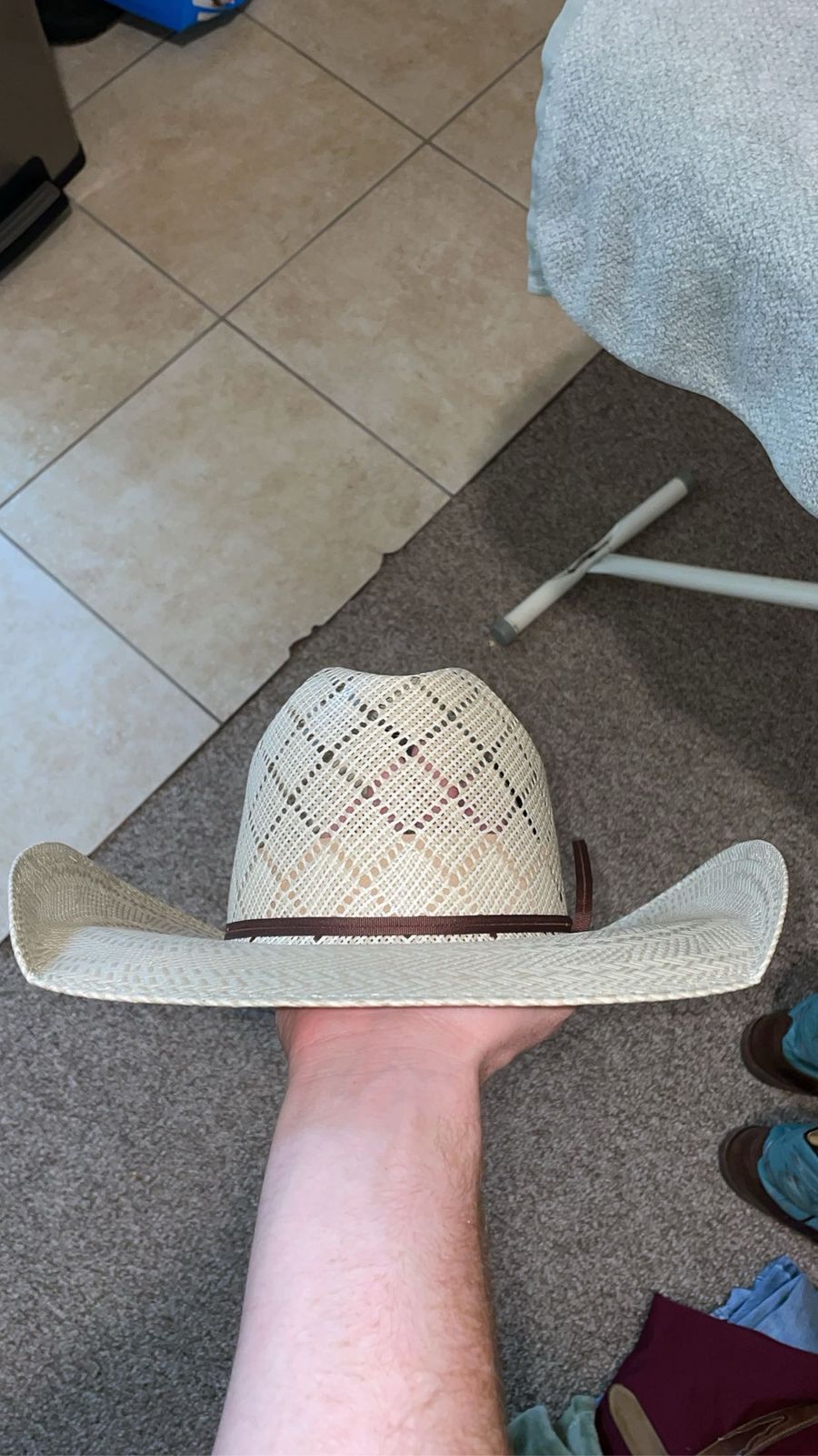 American Hats Co 5050 Sand Patchwork 1/4in Brim Open Crown Straw Cow