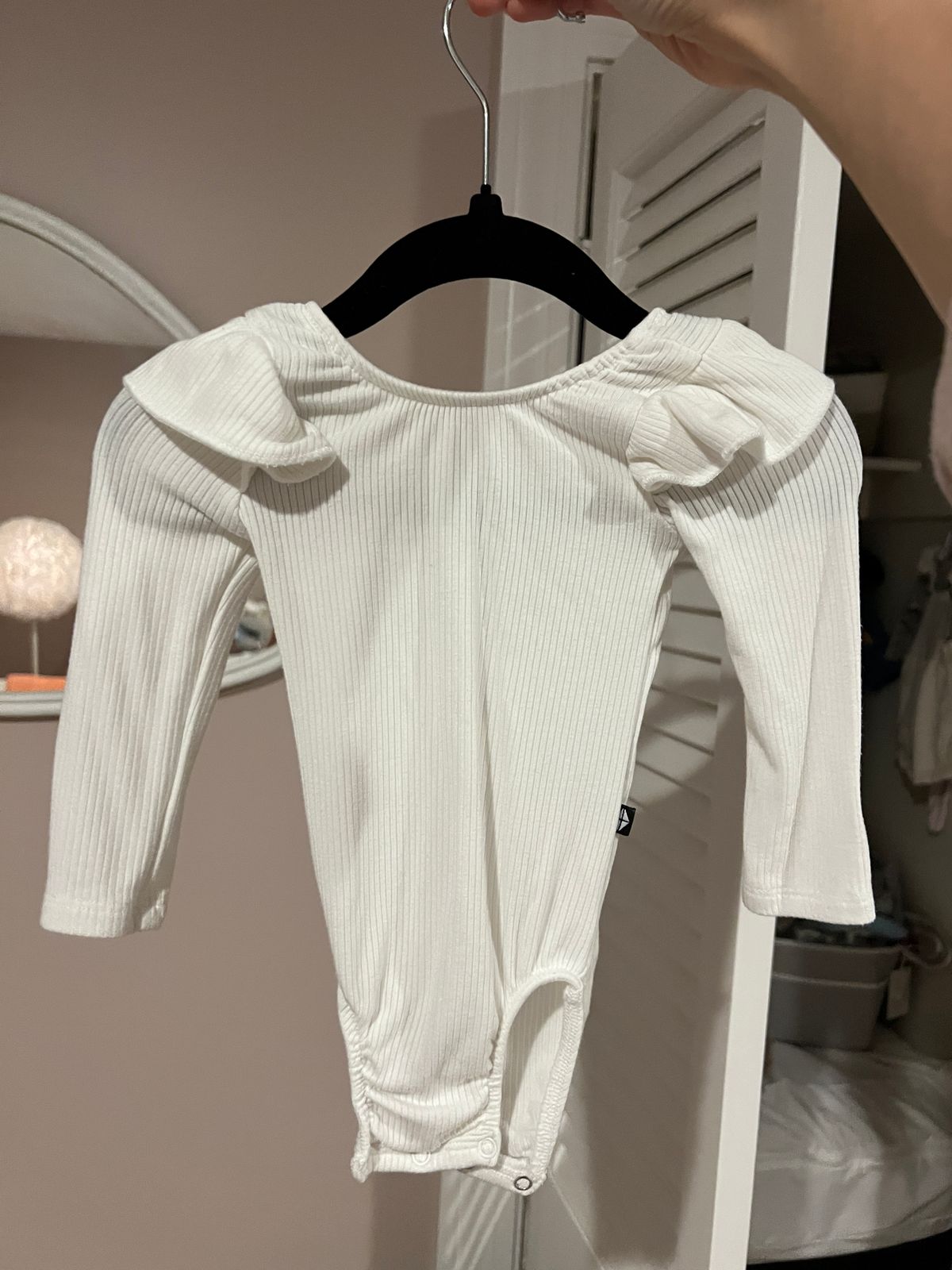 Ribbed Long Sleeve Ruffle Leotard in Cloud - Main Image