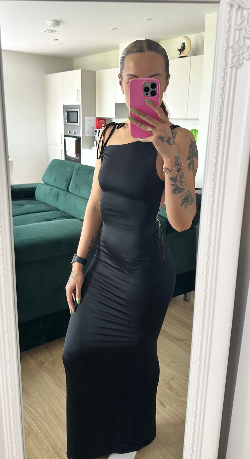 Devika Ruched Open-Back Maxi Dress in Black | Oh Polly
