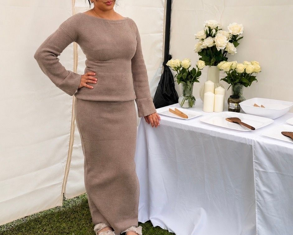 Terneigh Ribbed-Knit Off-Shoulder Maxi Dress in Taupe
