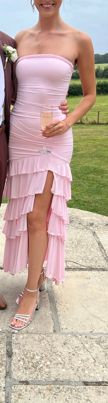 Nevali Bandeau Ruffle Detail Maxi Dress in Dusty Pink | Oh Polly