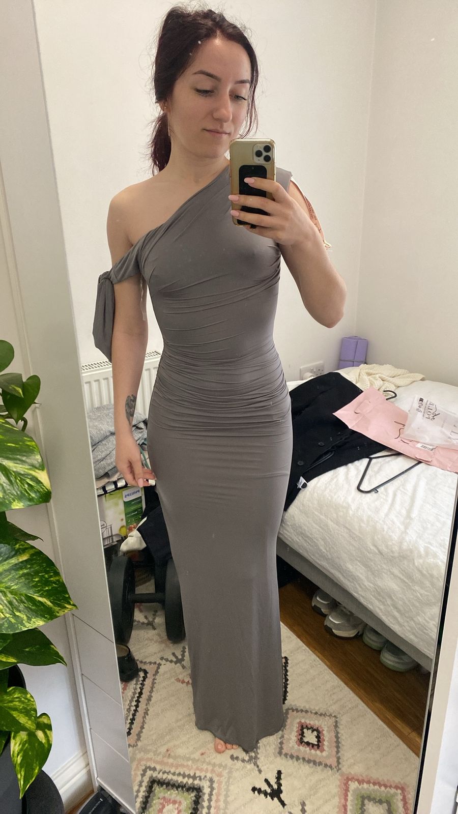 Prudy Off-Shoulder Ruched Tie-Detail Maxi Dress in Steel Grey | Oh Polly