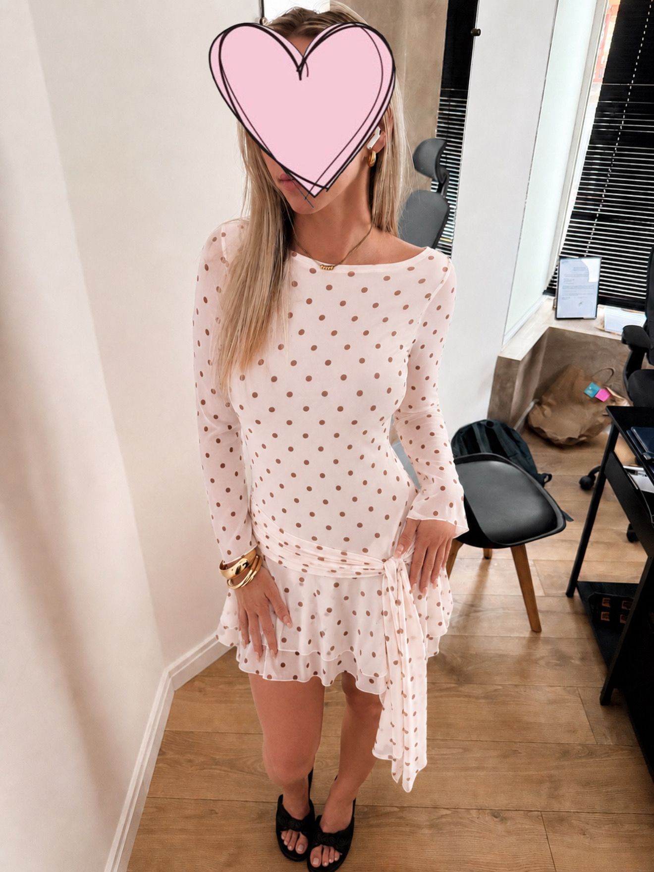 Cendria Long-Sleeve Open-Back Mini Dress in Ivory Polka Dot | Oh 