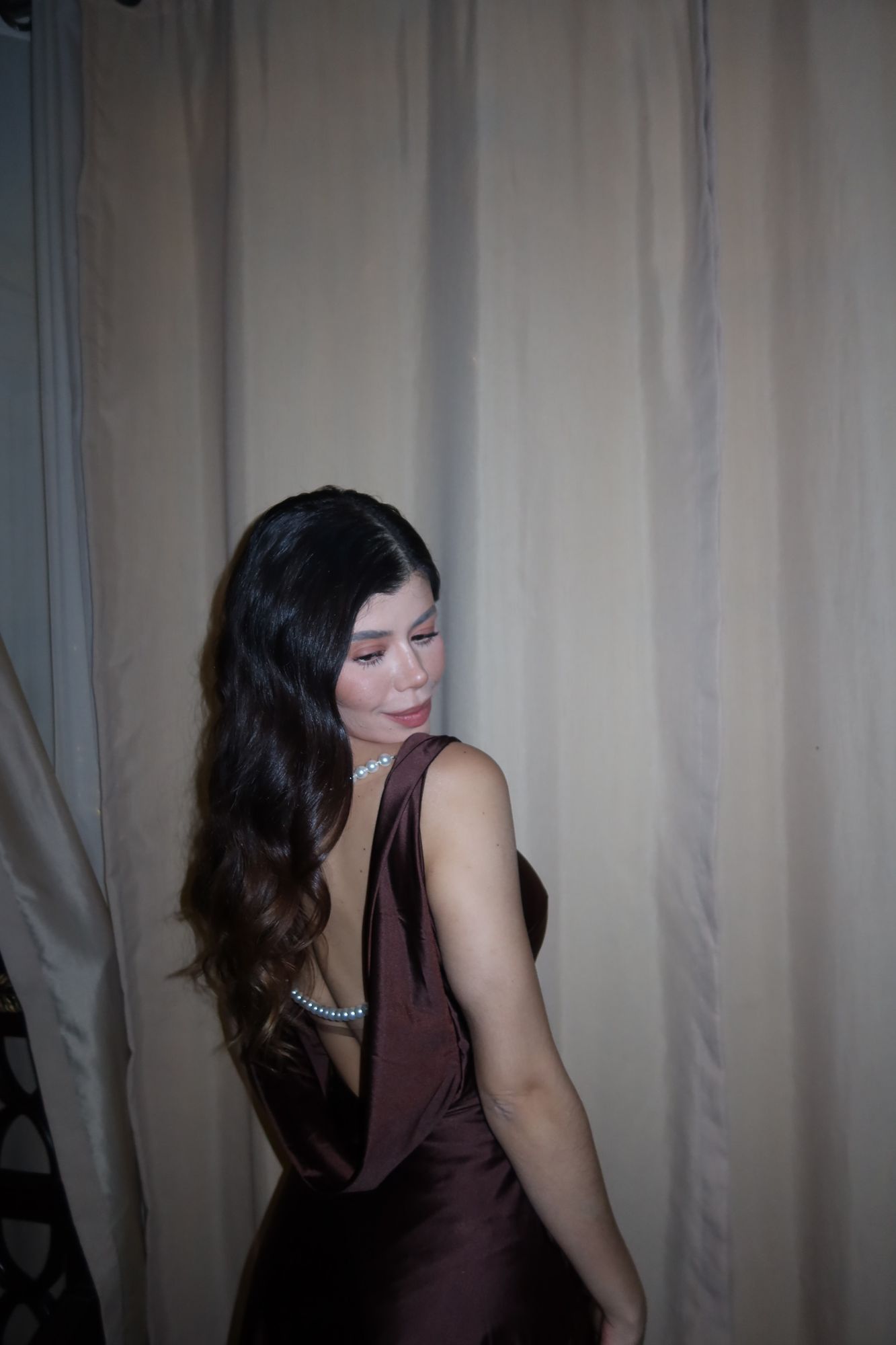 open-back a-line mini dress in auburn brown Orli Slinky Jersey Asymmetric Neckline Open Back Mini Dress in Brown main image 1