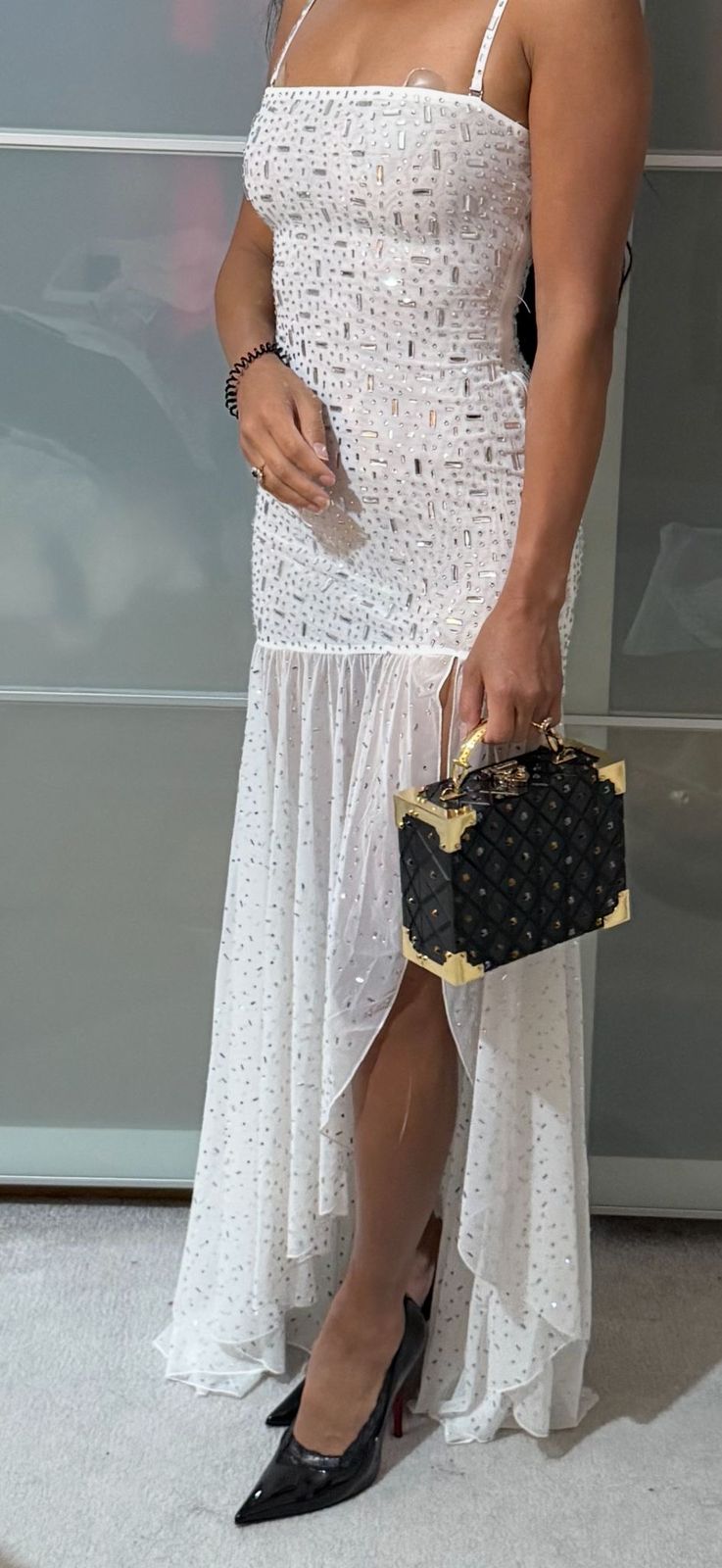 Kerra Semi-Sheer Embellished Asymmetric Maxi Dress in White | Oh Polly