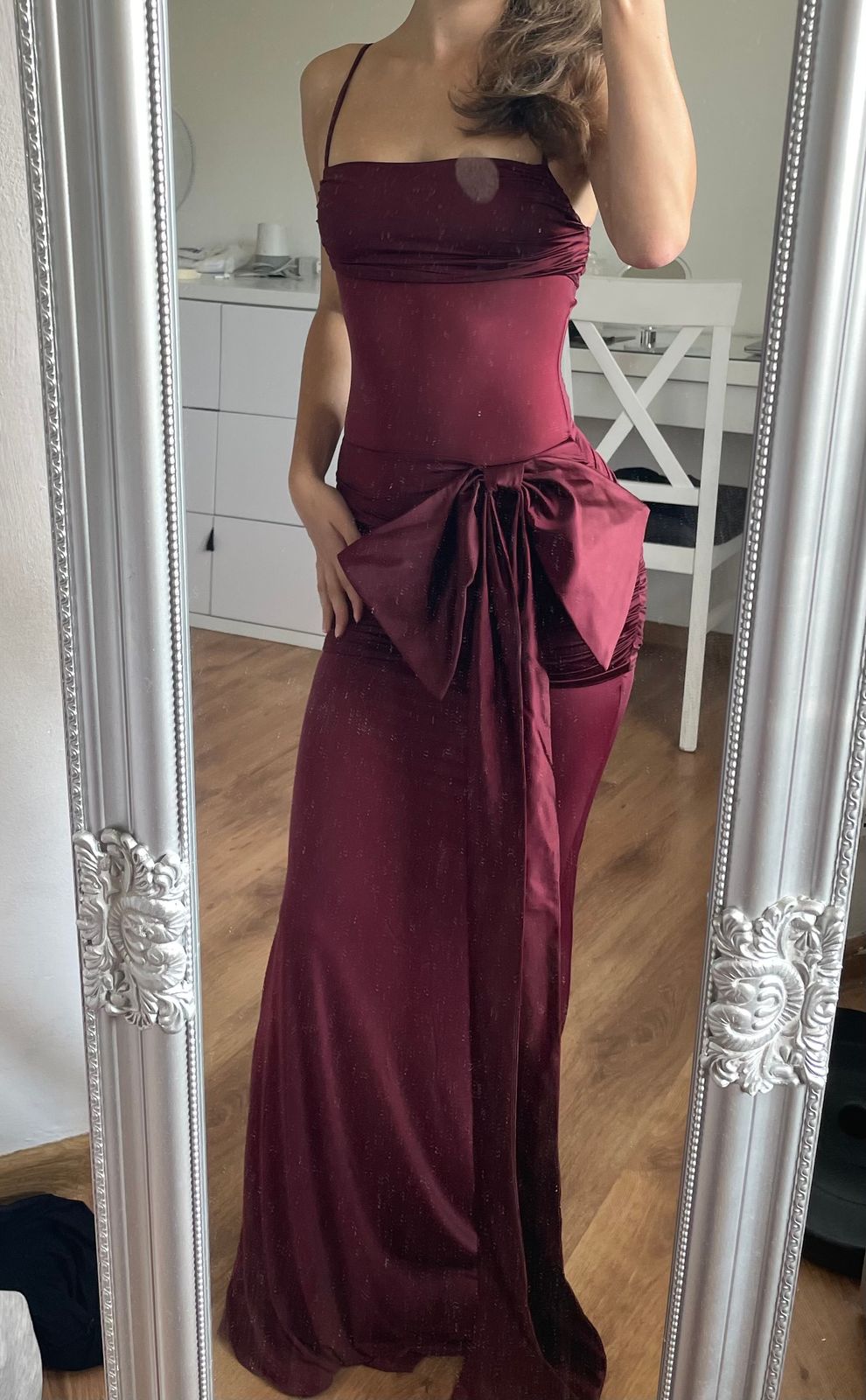 Laurelina Bow-Detail Ruched Maxi Dress in Wine Red | Oh Polly