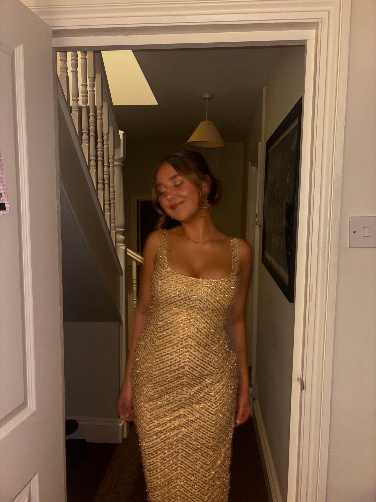 gold thigh split dress Surplice Neck Belted Split Thigh Gold Maxi Dress FT2858