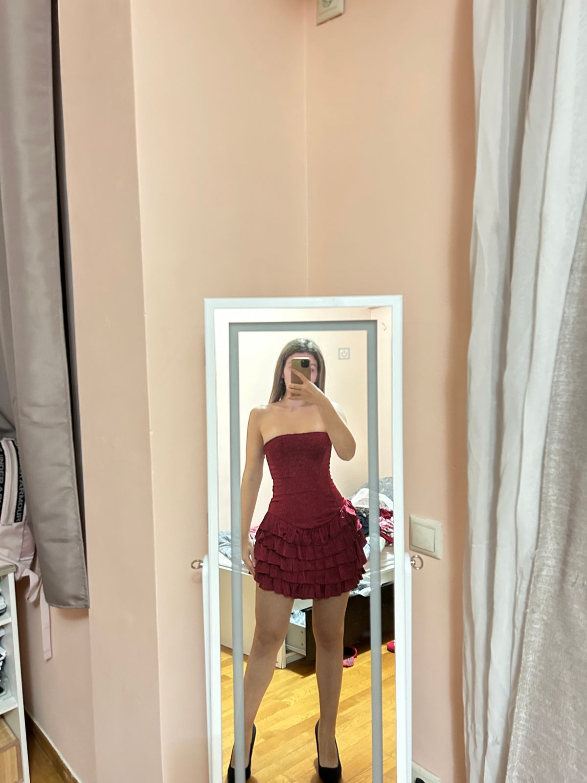 Juliet Bandeau Ruffled Tiered Corset Mini Dress in Berry Red | Oh Polly