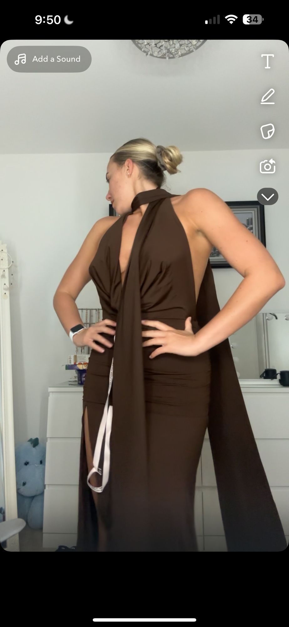 Navina Scarf-Detail Halterneck Gown in Chocolate Brown | Oh Polly