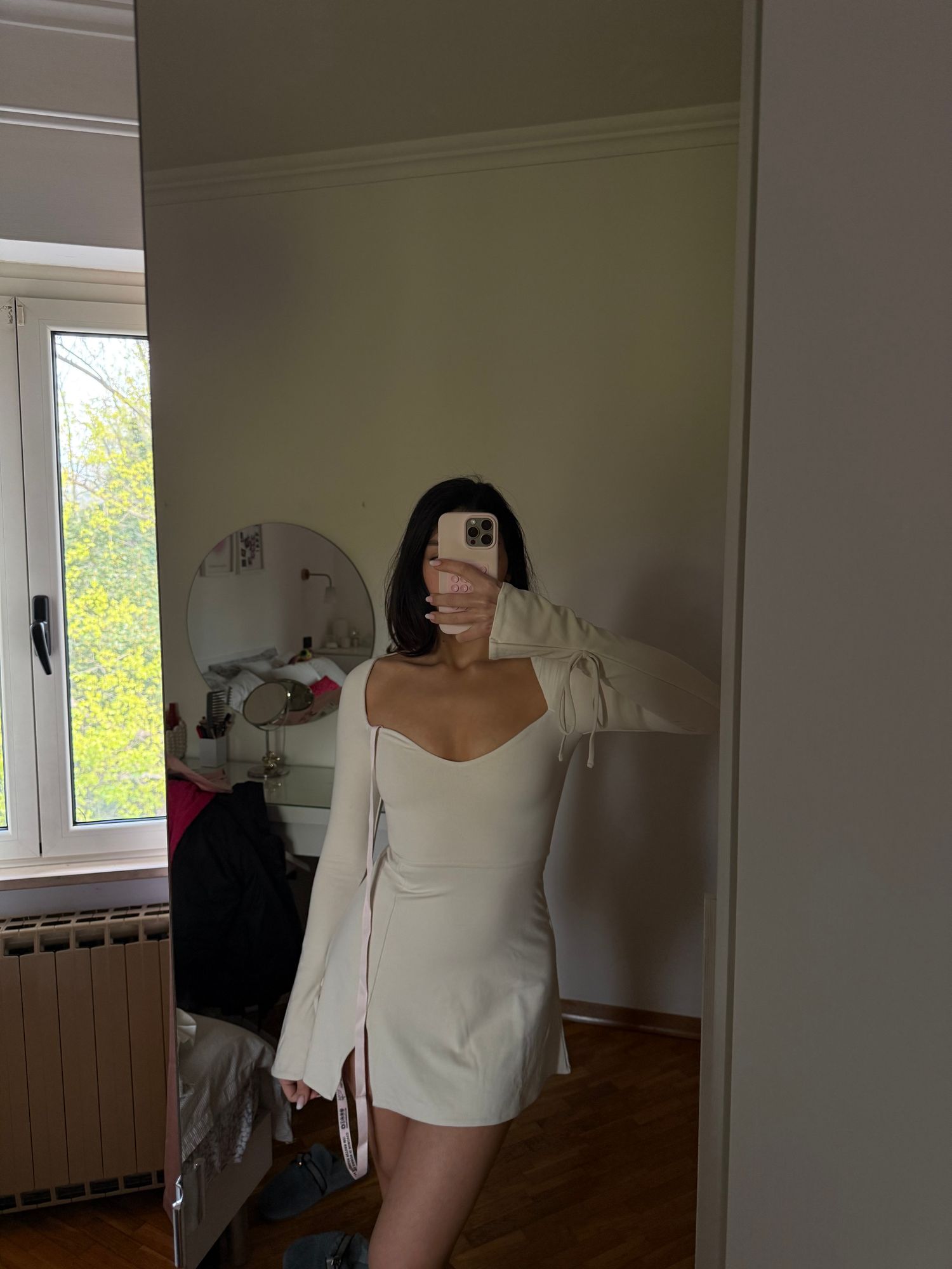 Amryn Long Sleeve Sweetheart Neckline Mini Dress in Ivory | Oh Polly