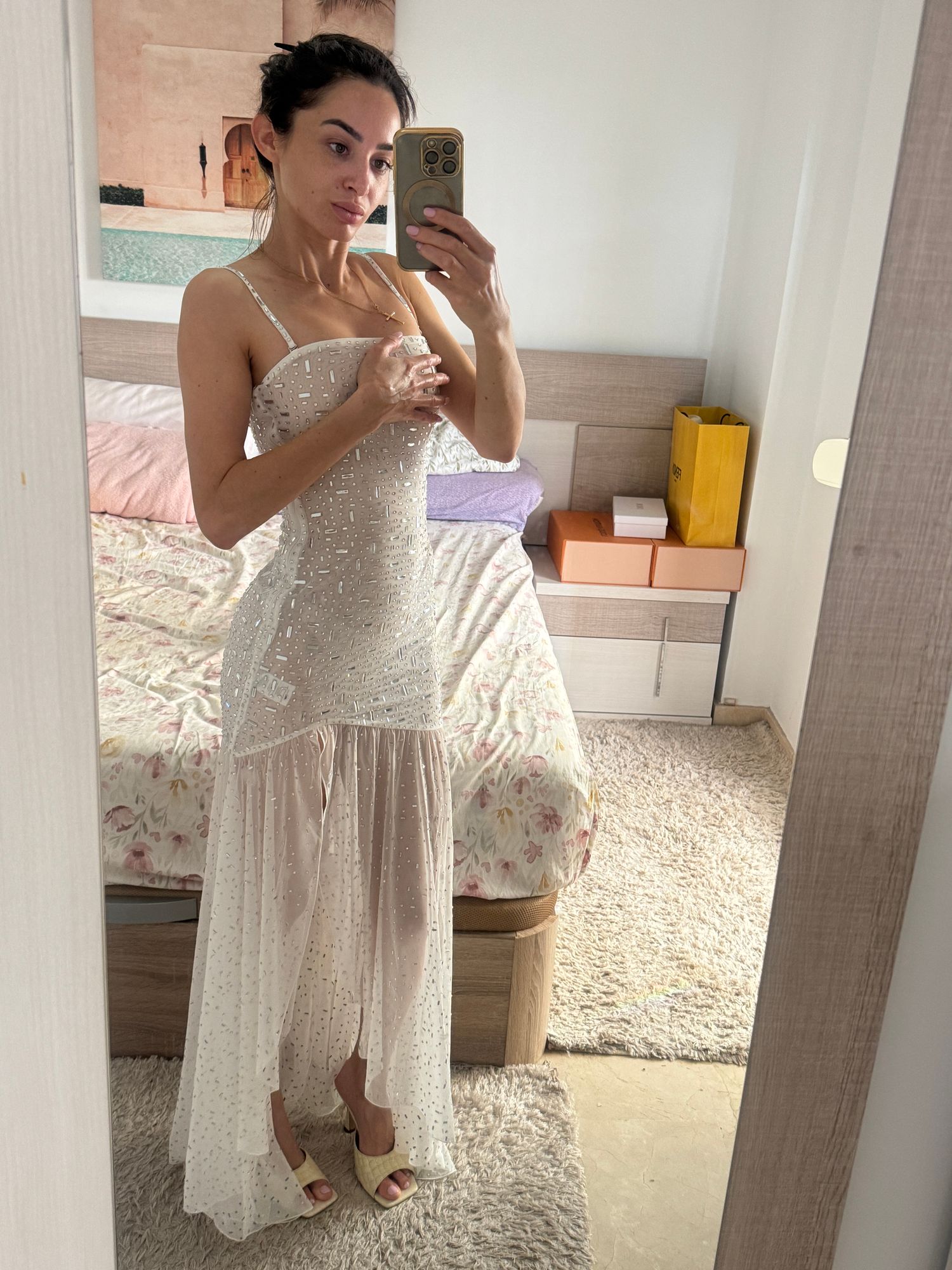 Kerra Semi-Sheer Embellished Asymmetric Maxi Dress in White | Oh Polly