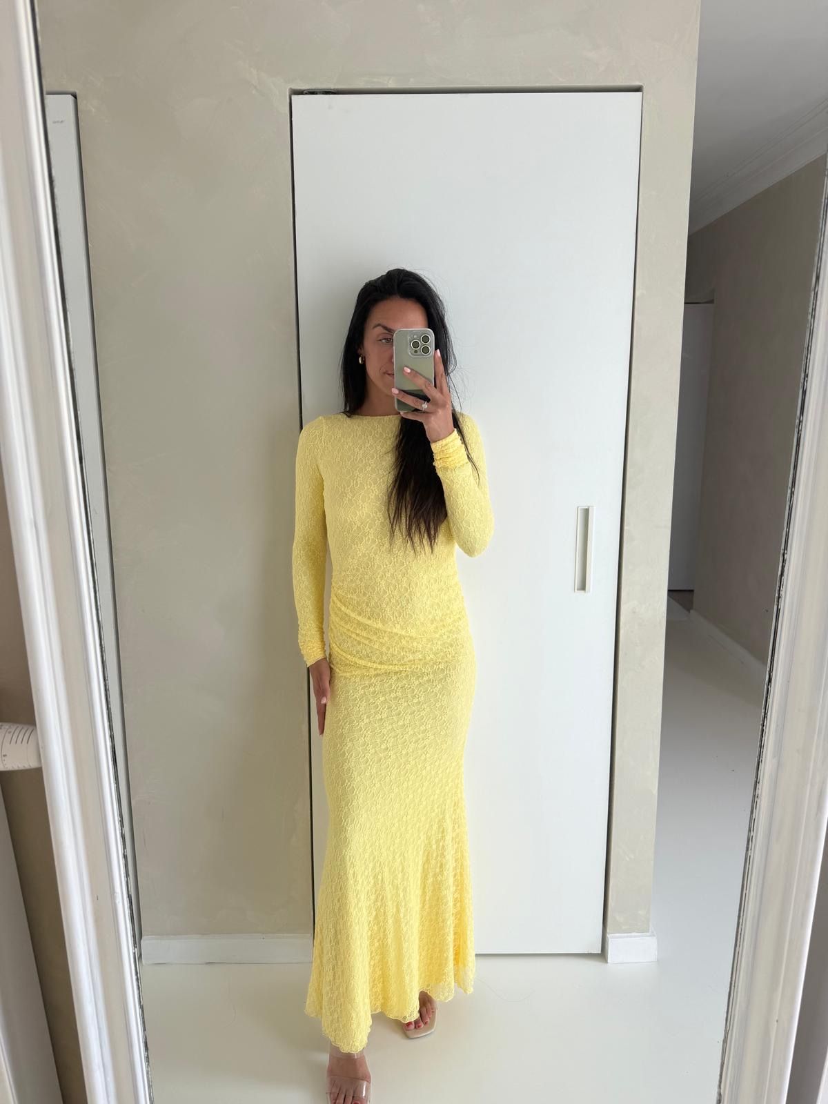 Tarini Ruched Backless Lace Maxi Dress in Pastel Yellow | Oh Polly Tarini Ruched Backless Lace Maxi Dress in Pastel Yellow | Oh Polly
