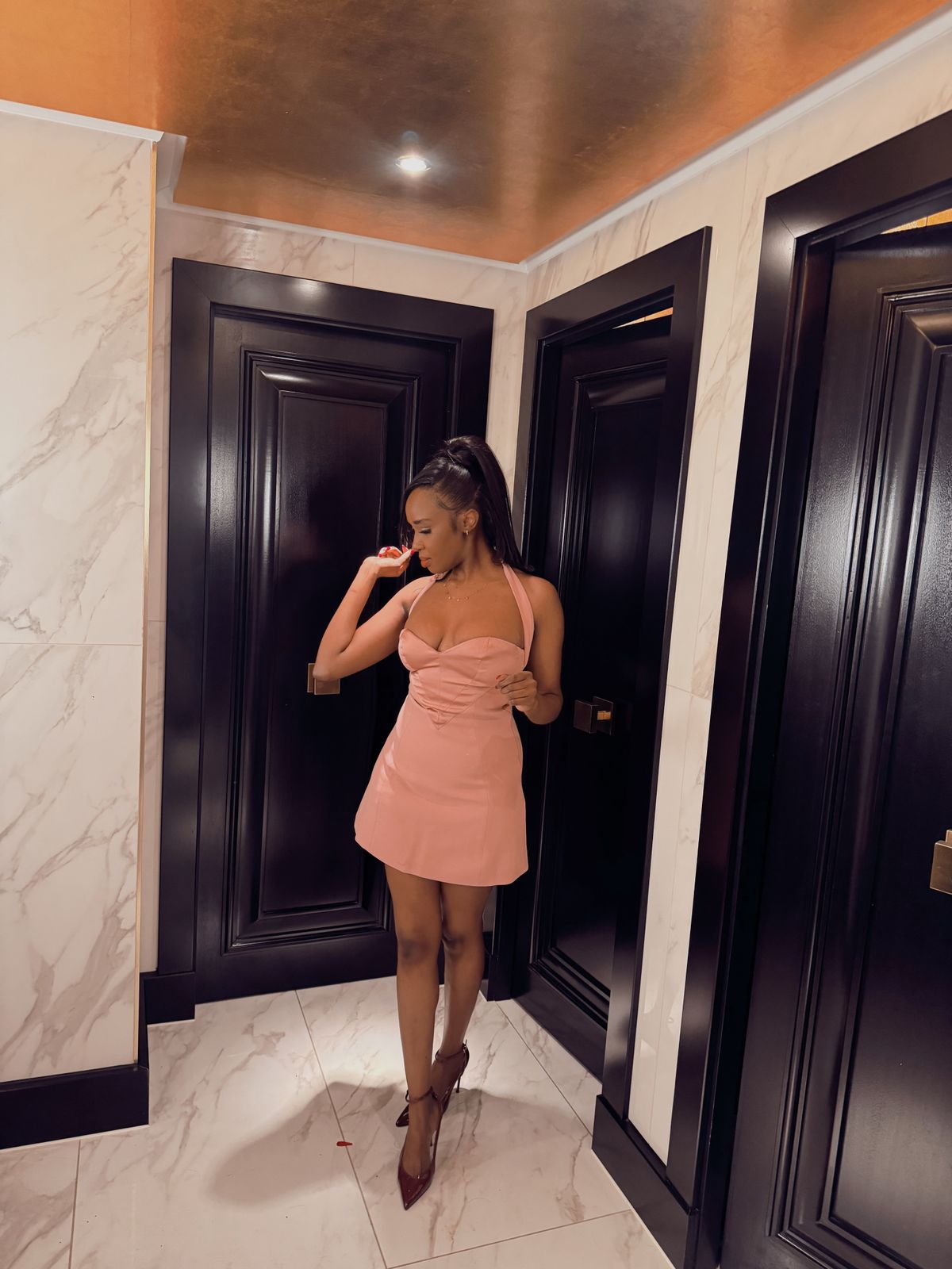 Heart-Detail Halterneck A-Line Mini Dress in Dusty Pink | Oh Polly