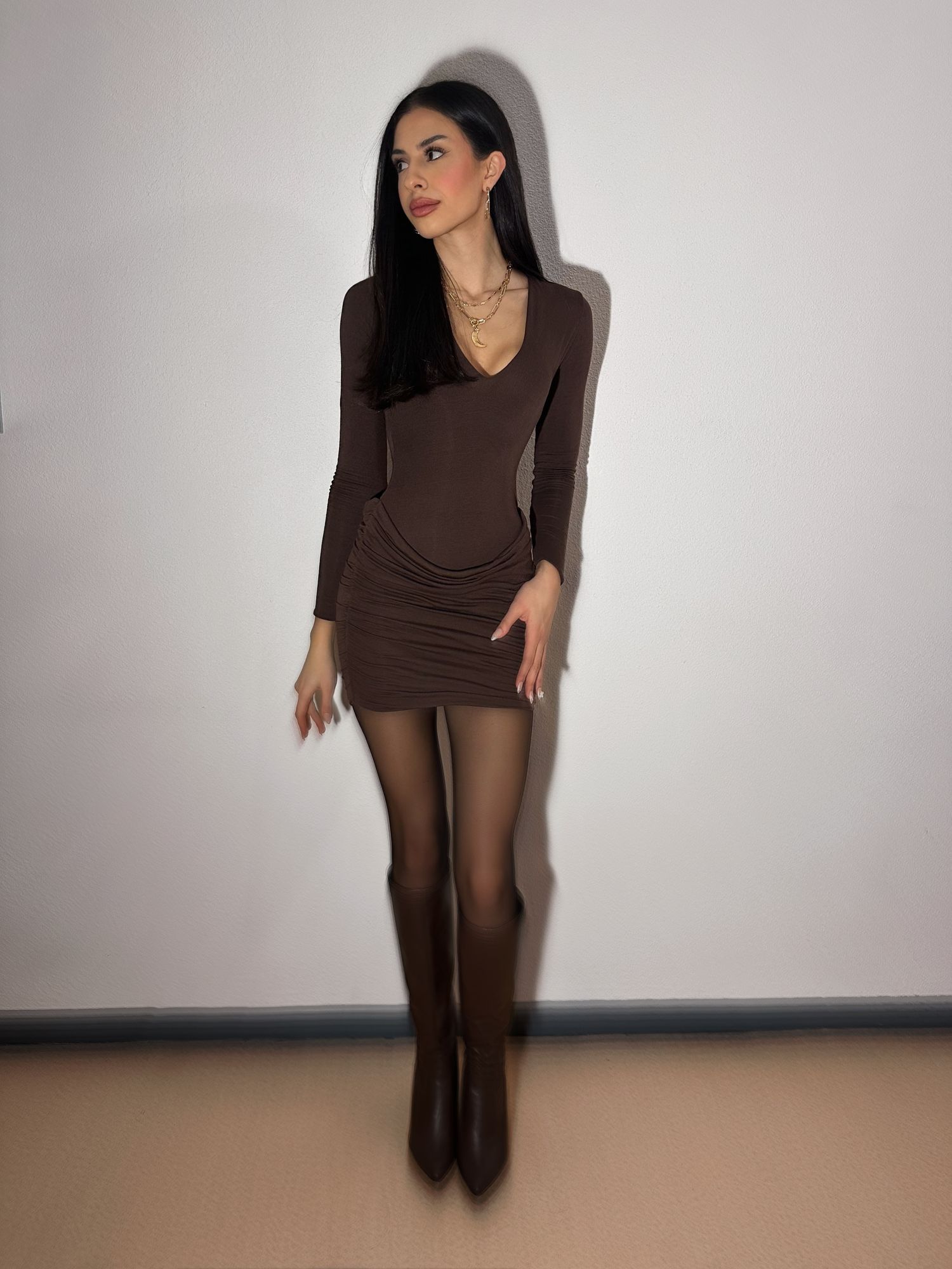 Eilise Modal-Cashmere Blend Draped Long-Sleeve Mini Dress in Brick Red | Oh  Polly