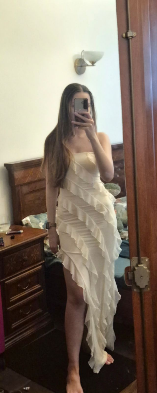 fitted lace wedding dress Oceana Layered Ruffle Maxi Dress White L main image 0