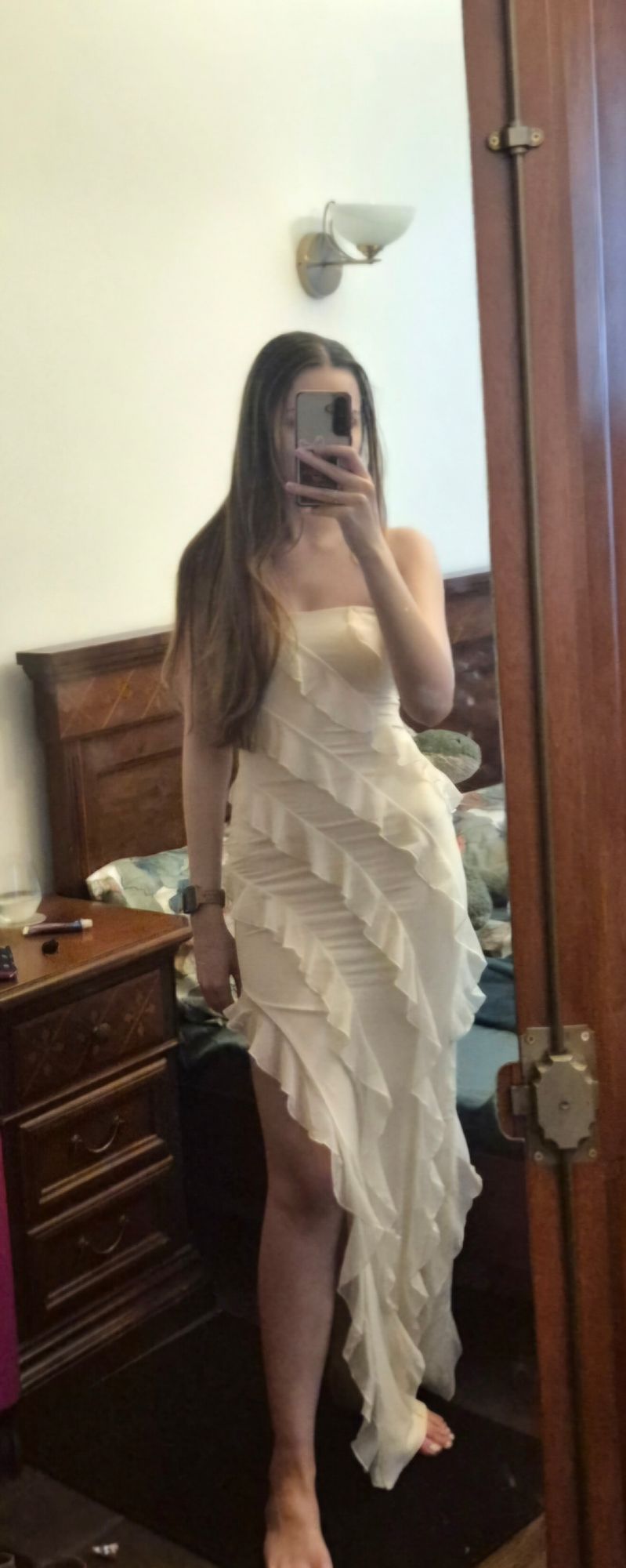 Nevali Bandeau Ruffle Detail Maxi Dress in Ivory | Oh Polly