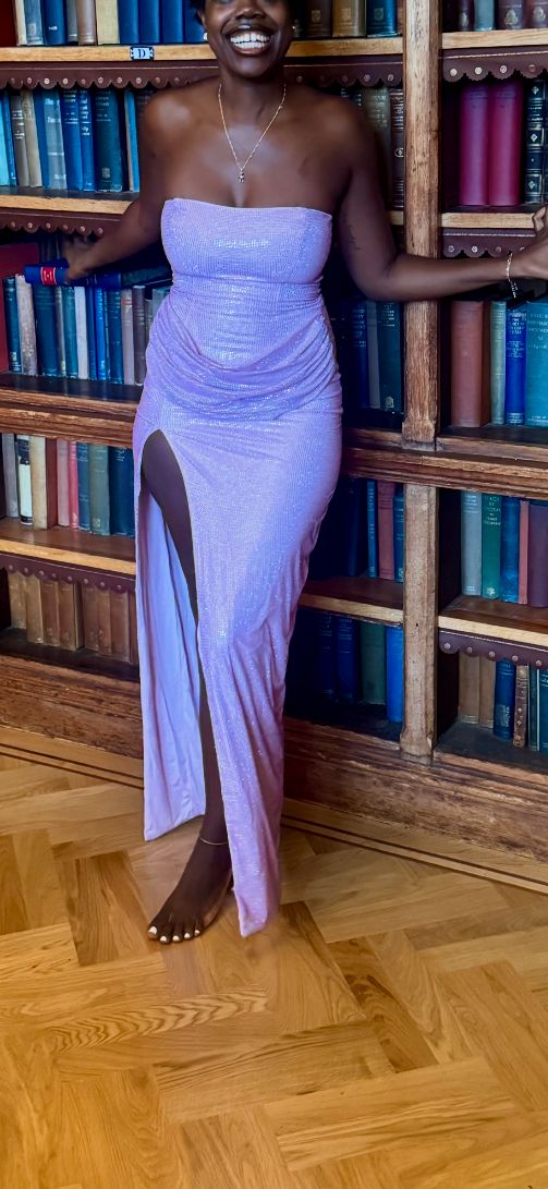 La Rochette Embellished Bandeau Cowl Neck Maxi Dress in Pink | Oh Polly