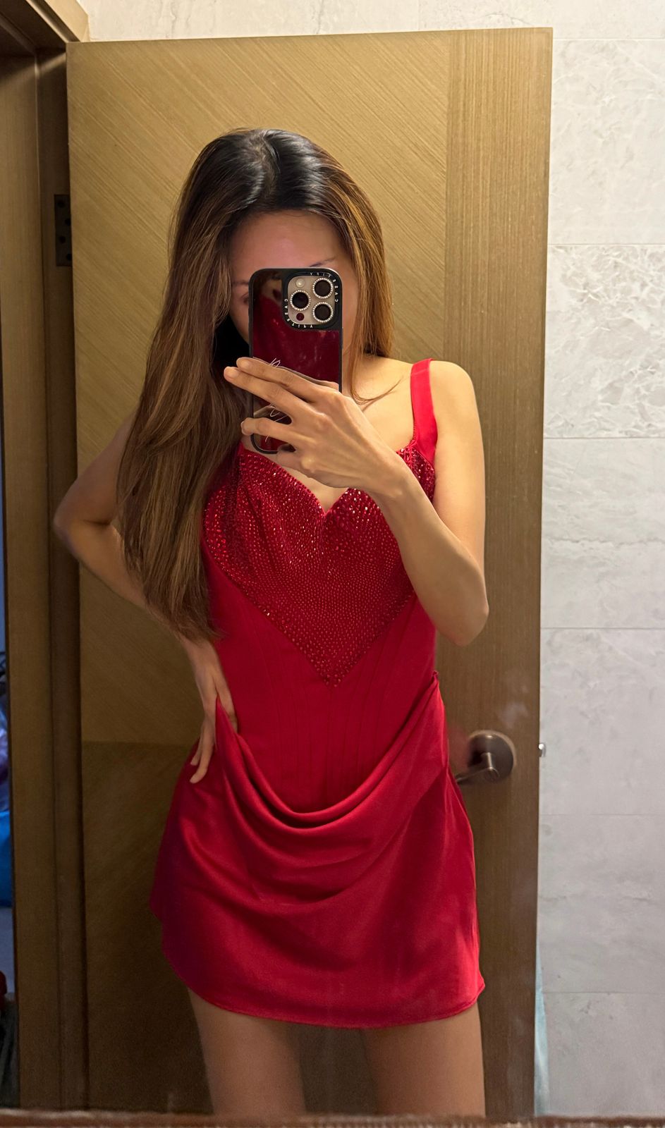 fitted lace wedding dress Luciana Heart Cut Out Long Sleeve Mini Dress in Fire Red main image 1