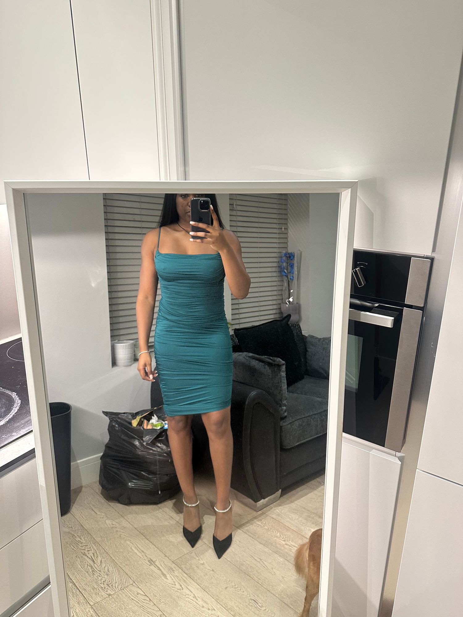 You're My Type Cowl Neck Ruched Bodycon Midi Dress in Green | Oh Polly