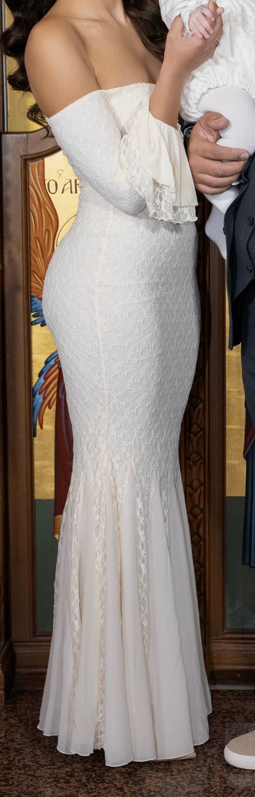 knee length dresses for ladies meline Floral Lace Flared-Cuff Maxi Dress in Neutrals L / Neutrals