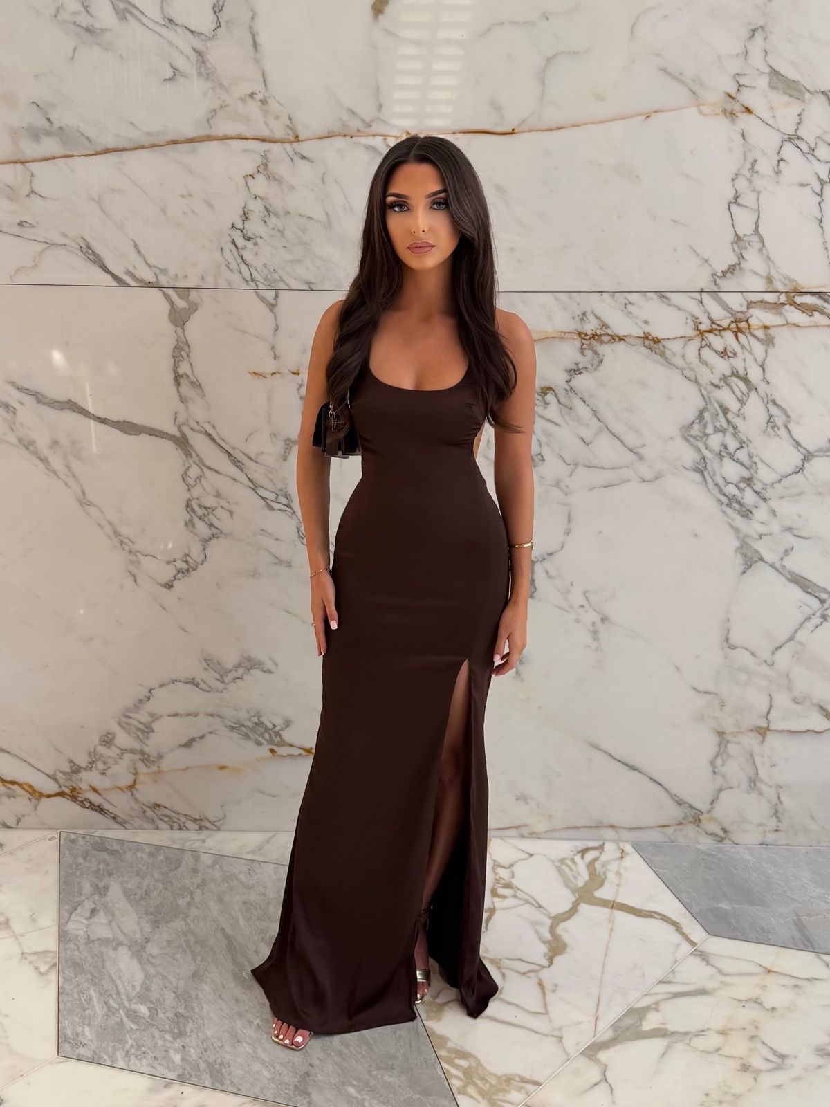 Vittoria Scoop-Neck Lace-up Back Maxi Dress in Chocolate Brown | Oh Polly