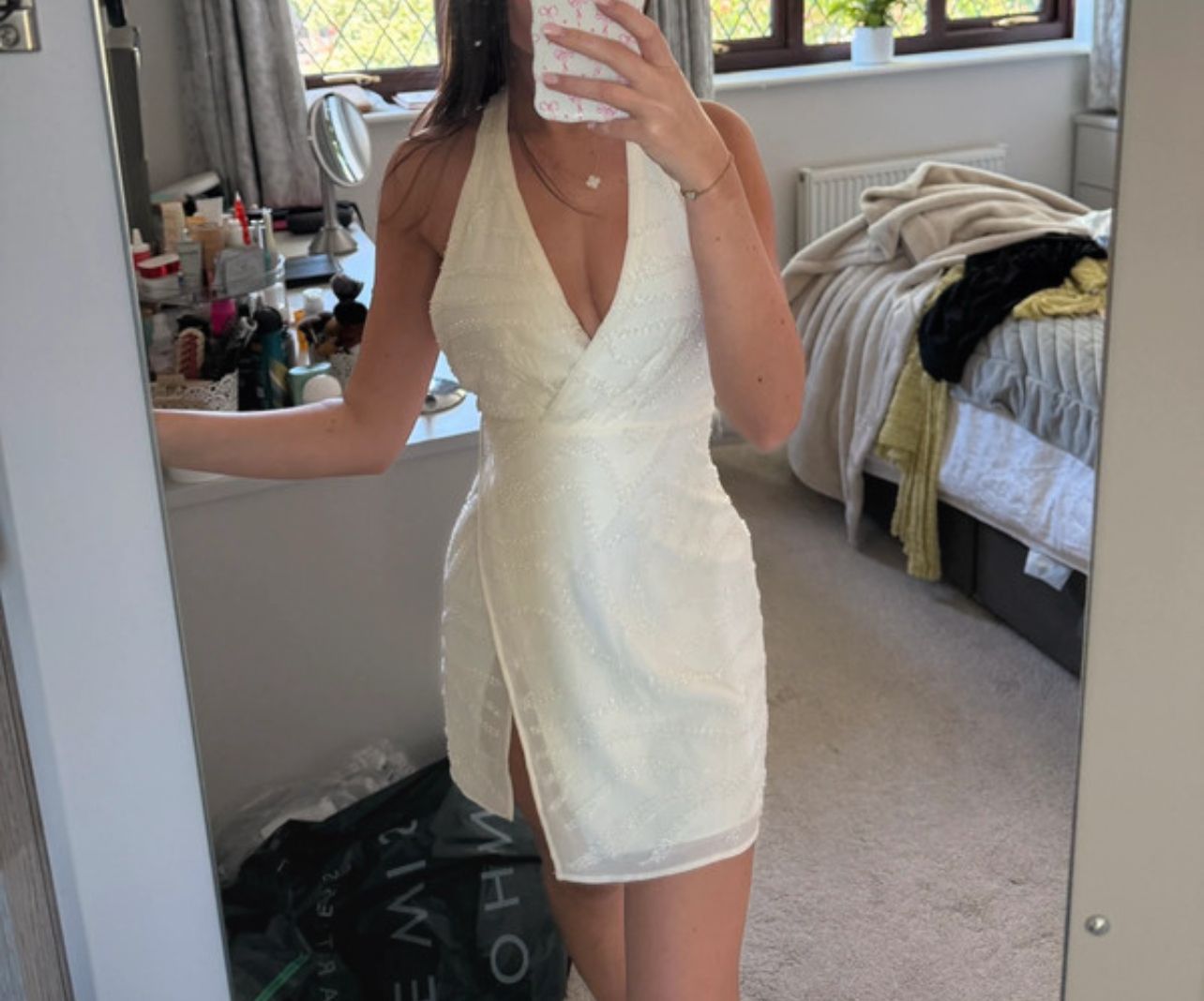 Saskia Sleeveless Plunge Neck Wrap Over Mini Dress in Off White