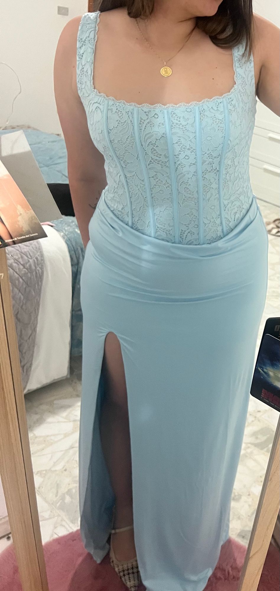 Zalia Lace Corset Maxi Dress in Powder Blue | Oh Polly