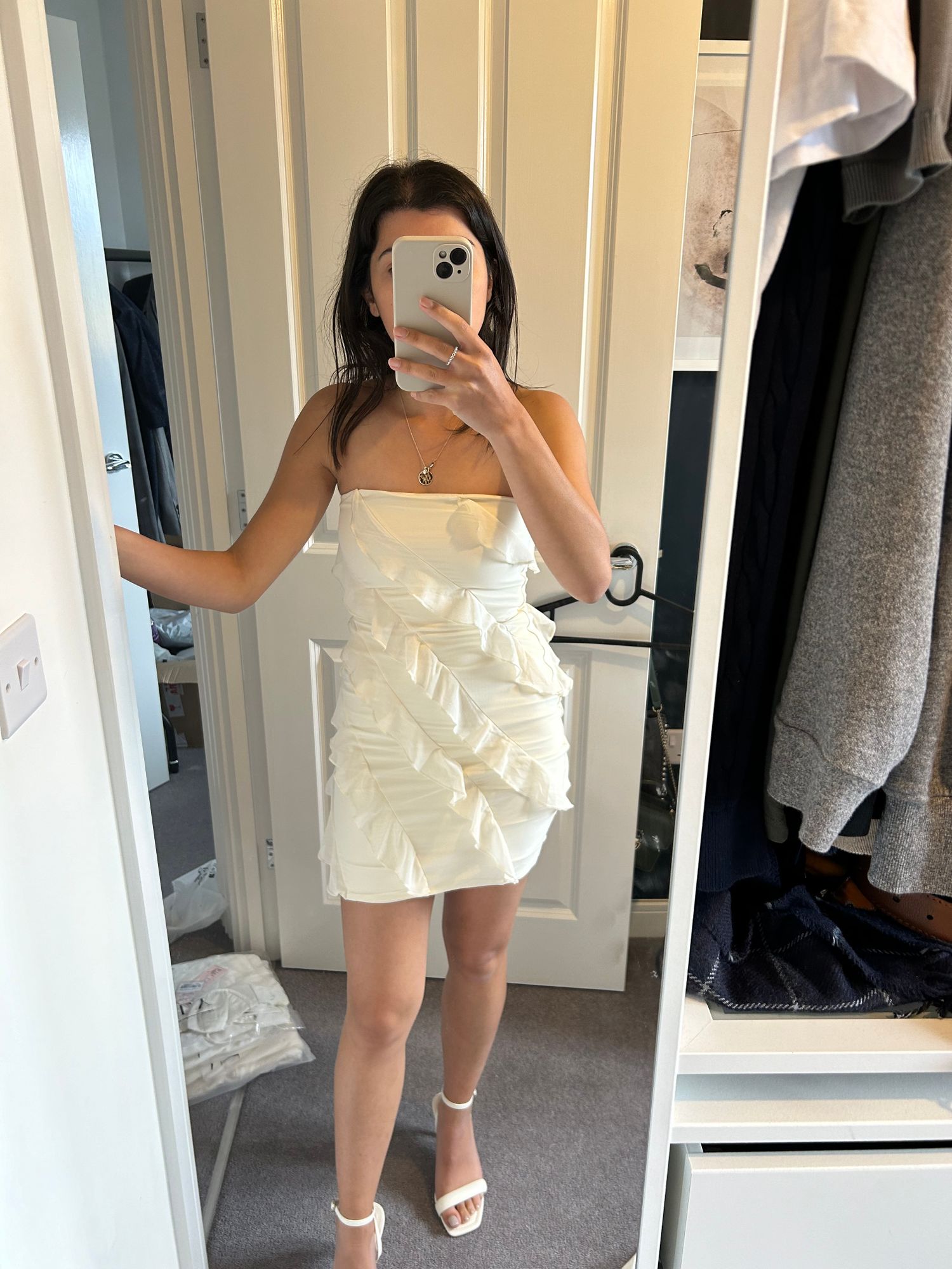 Tatiana Bandeau Ruffle Detail Mini Dress in White | Oh Polly