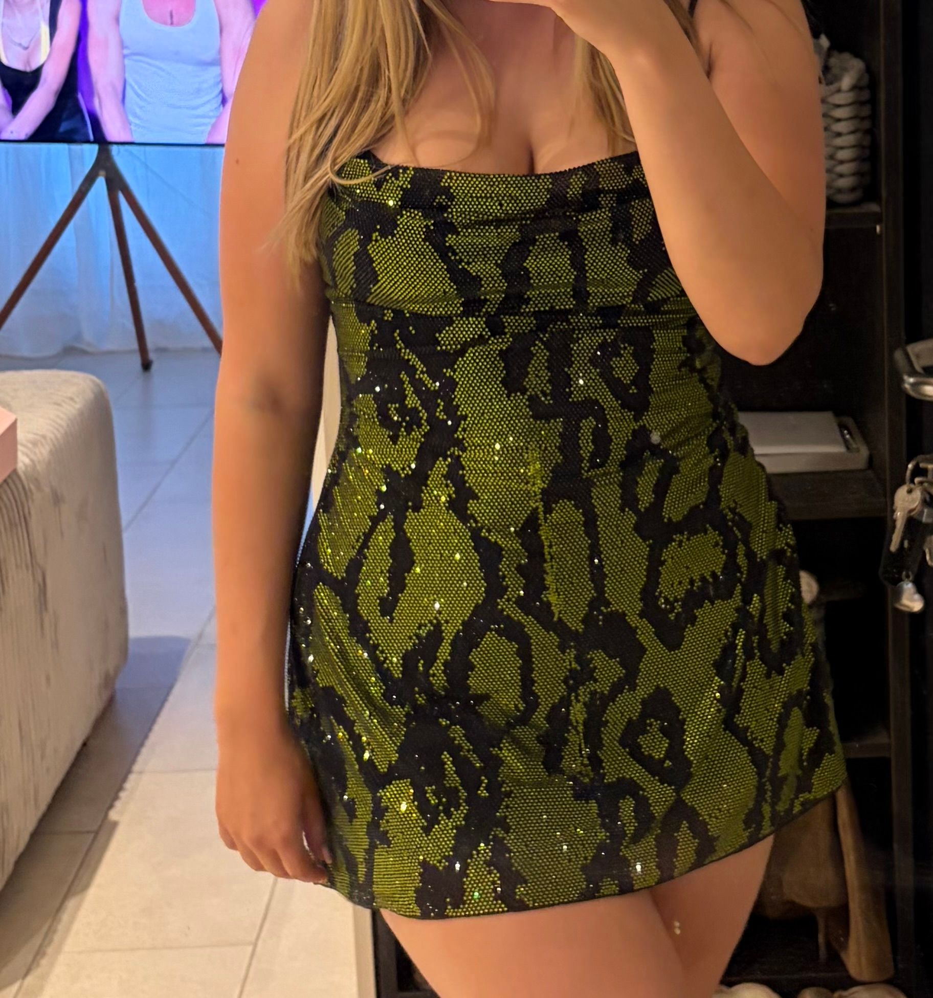 Dianora Embellished Cowl Neck A-line Mini Dress in Green Snake | Oh Polly