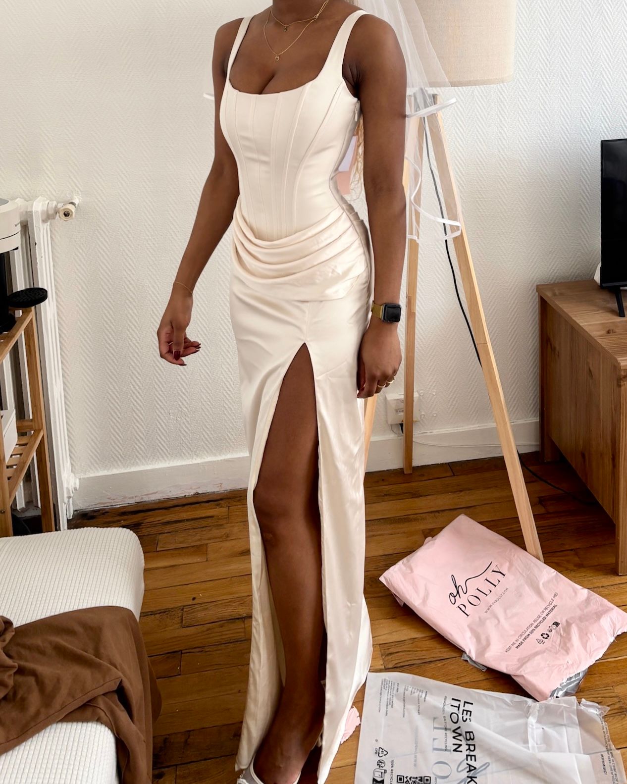 Marleigh Corseted Thigh-High Split Maxi Dress in Ivory | Oh Polly