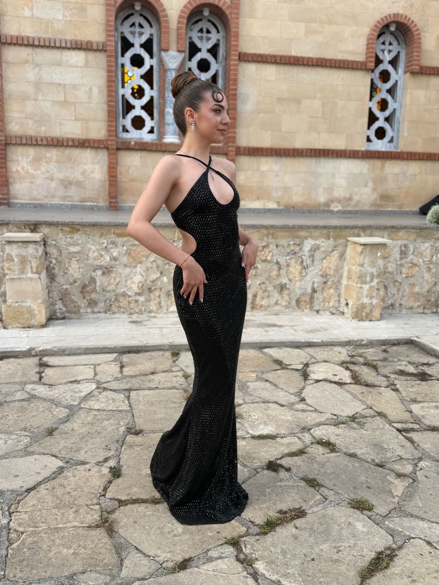 Kassie Embellished Cut-Out Halterneck Gown in Black | Oh Polly
