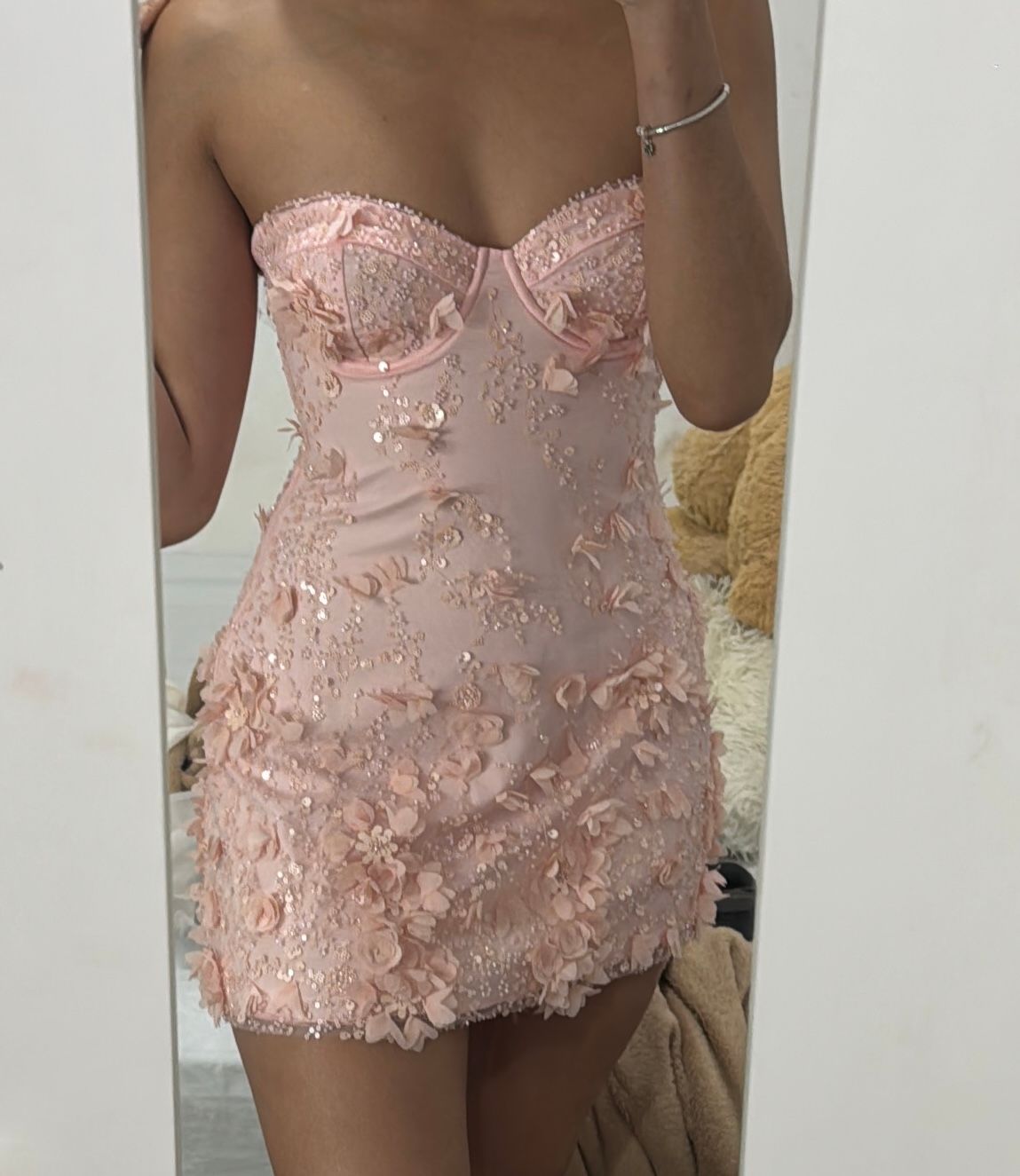 Edita Embellished Bandeau A-line Mini Dress in Soft Pink | Oh Polly Edita Embellished Bandeau A-line Mini Dress in Soft Pink | Oh Polly