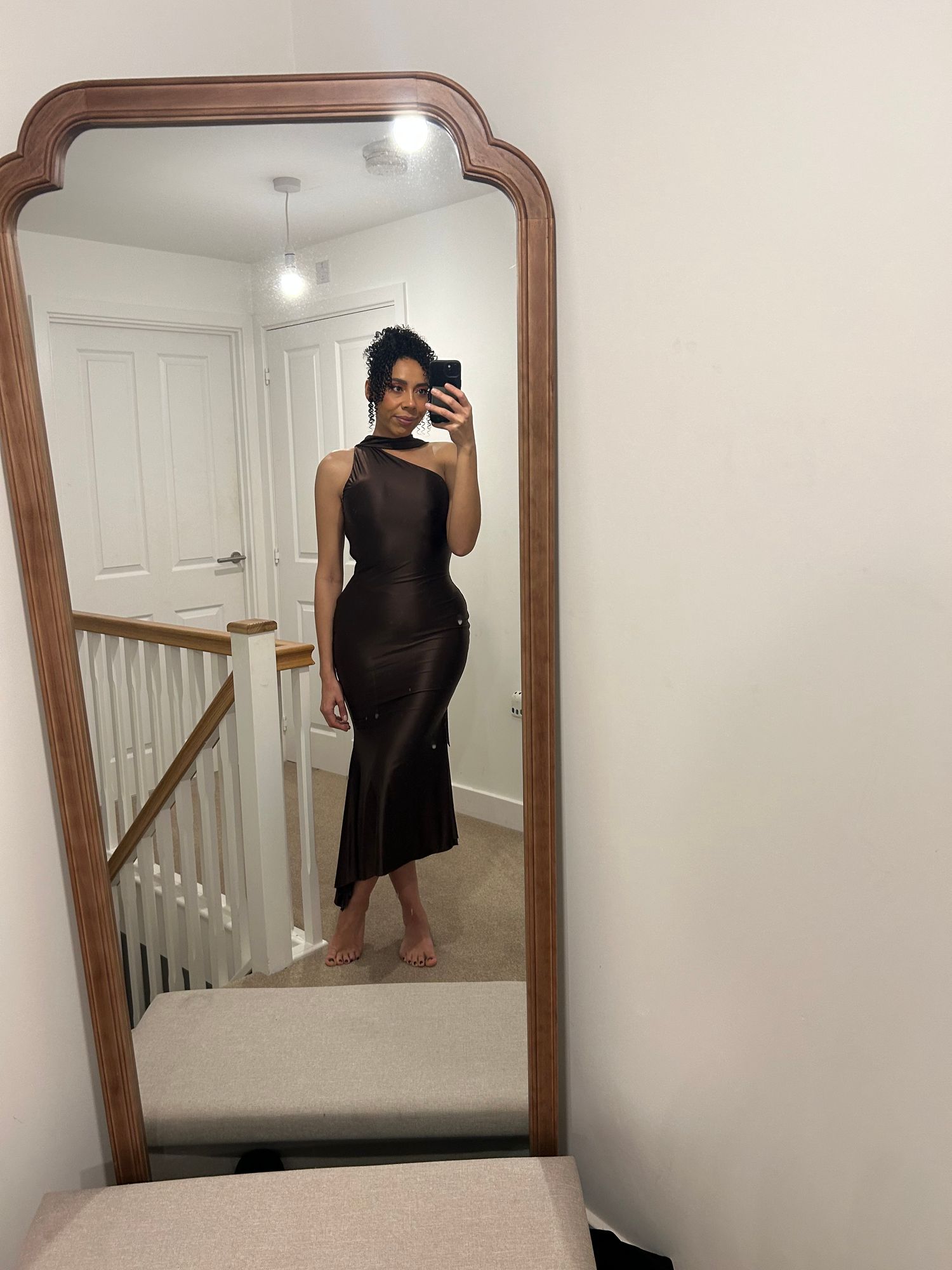 galaxy chocolate silk brown dress on balcony lady ad Moon Aura Pleat Detail Strapless Maxi Dress Chocolate