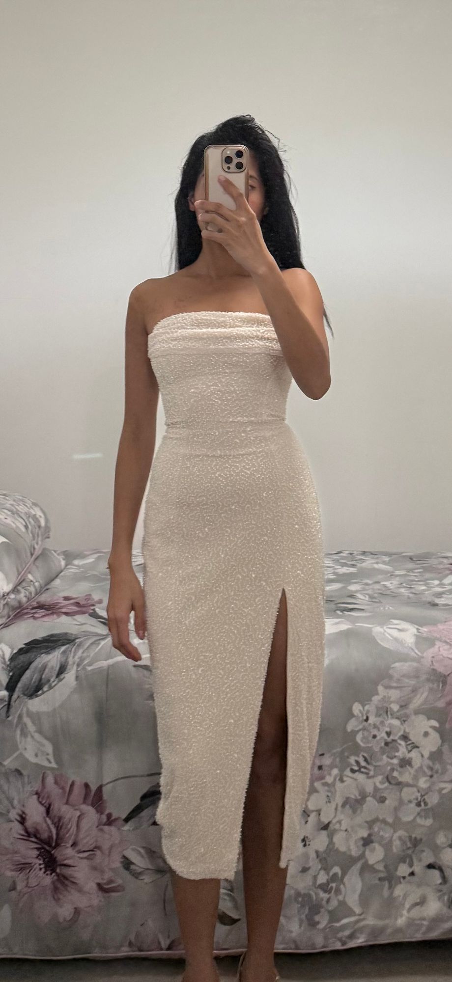 Verbier Embellished Bandeau Cowl Neck Midi Dress in Ivory | Oh Polly