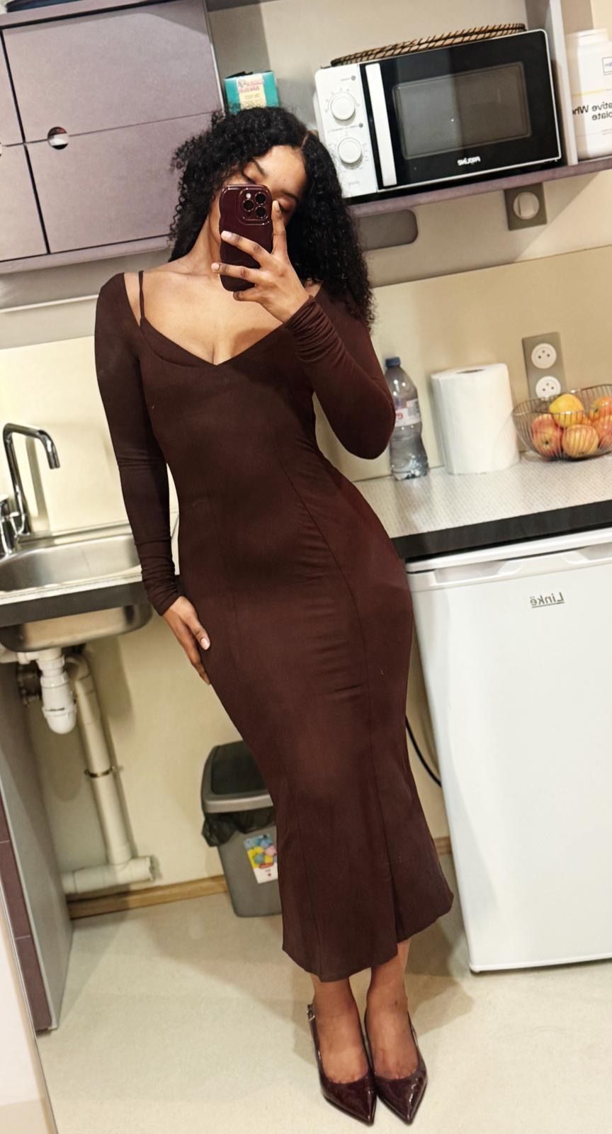 Ori Modal Peekaboo Long-Sleeve Midi Dress in Chocolate Brown | Oh Polly