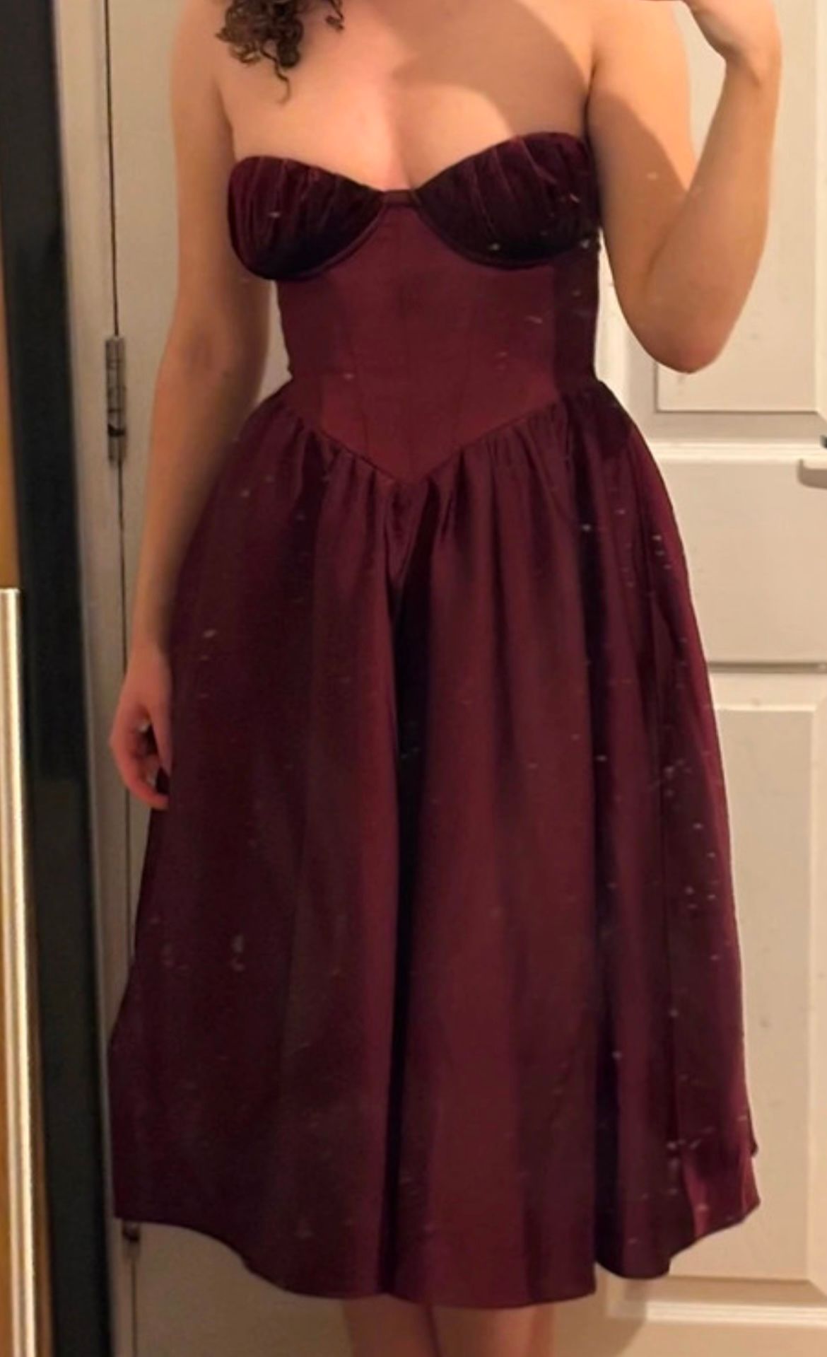 Gabrielle Strapless Corset Midi Dress in Wine Red | Oh Polly