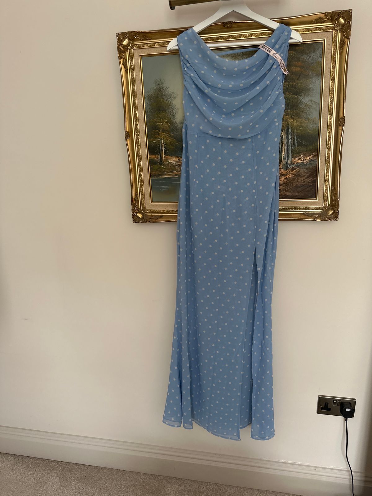 Nivara One-Shoulder Maxi Dress in Blue Polka Dot | Oh Polly