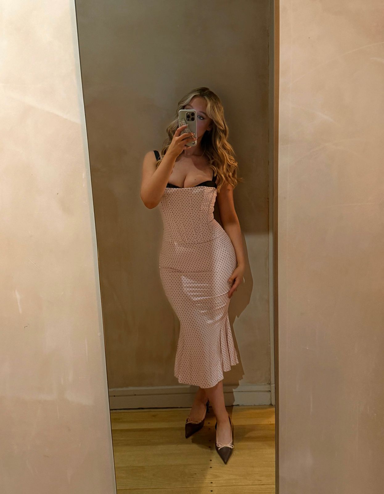 dusty pink polka dot bardot tie waist shift dress Ruth