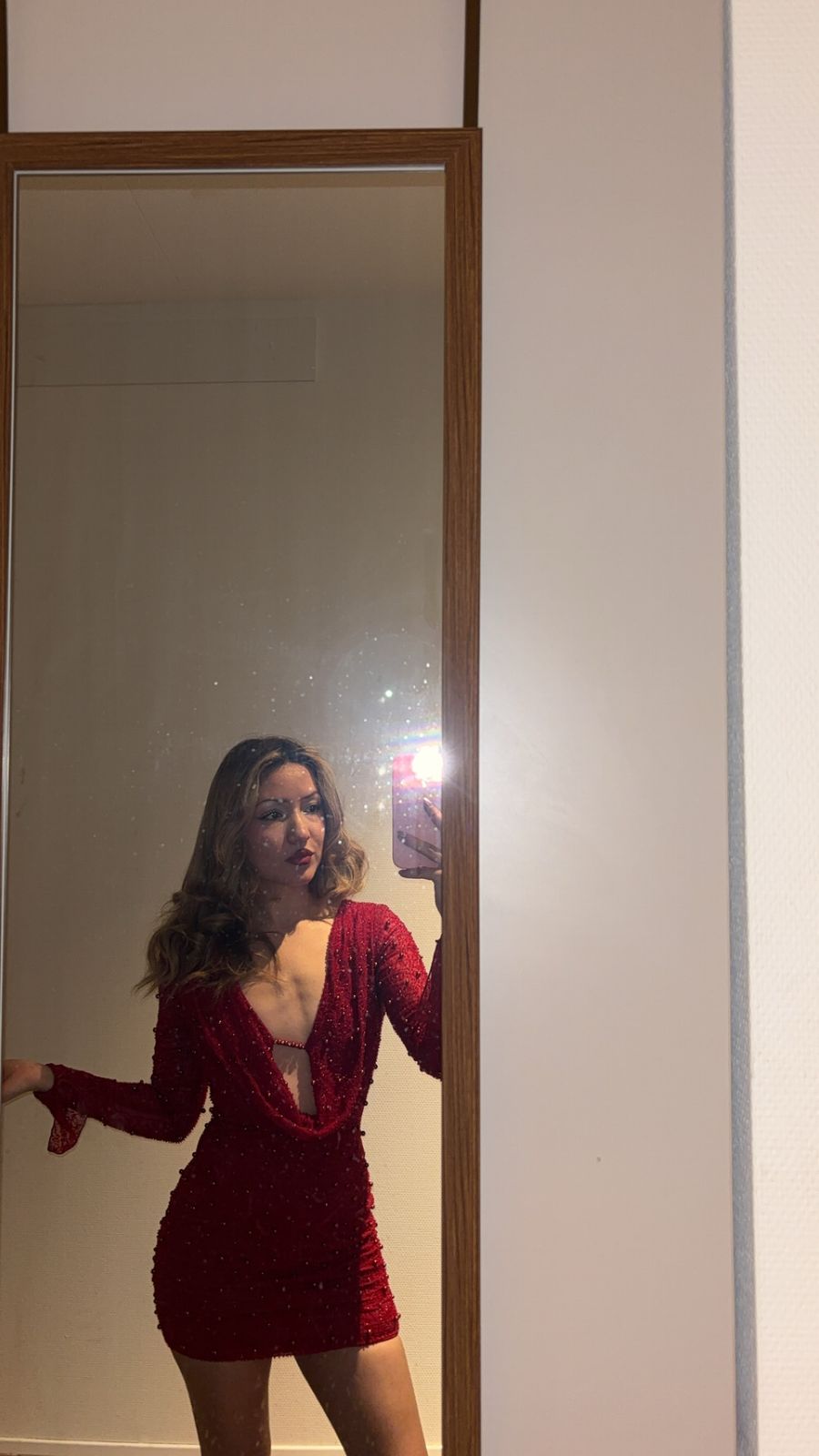 Nice Embellished Long Sleeve Plunge Mini Dress in Red | Oh Polly
