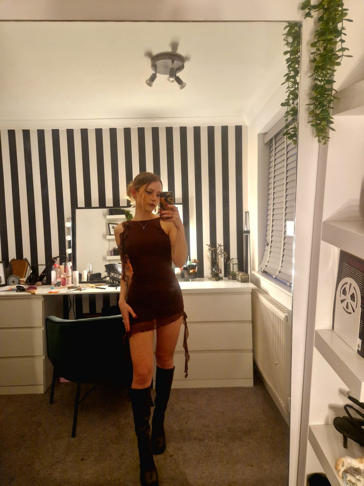 backless ruffle detailing mini dress in brown Draped Open-Back A-Line Mini Dress in Chocolate Brown main image 0