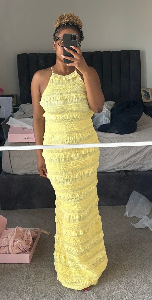 tove ruffled backless halterneck maxi dress in lemon yellow We All Want More Halter Neck Maxi Dress Lemon