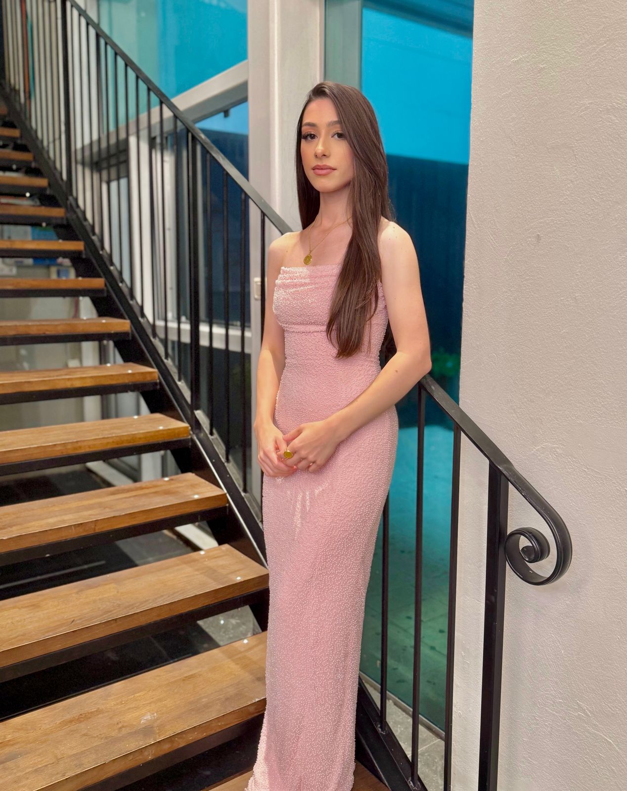 chinese dress ladies Pink Pearl Embellished Strapless Midi Dress