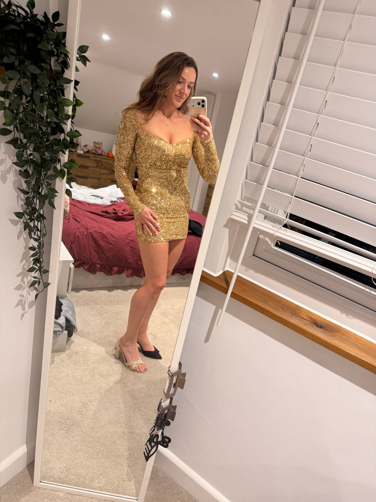 Sephina Embellished Sweetheart-Neck Mini Dress in Gold | Oh Polly